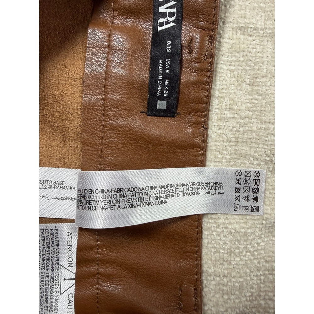 Zara Brown Pleated Tiered Mini Skirt Size S Cognac High Waisted Vegan Leather - Picture 8 of 13